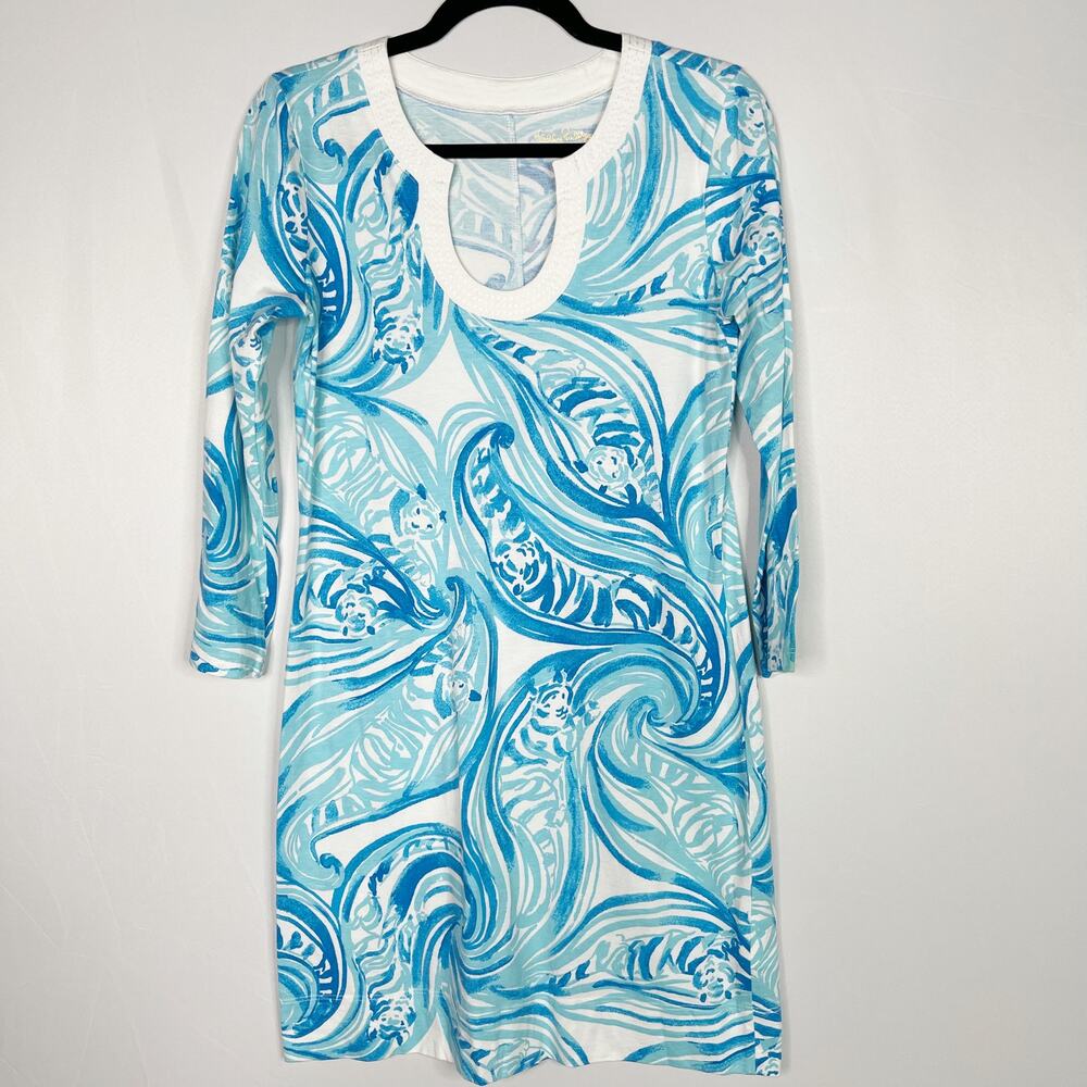 Lilly Pulitzer Small Blue White Marlina Dress Sea Ruffles Scoop Pima Cotton